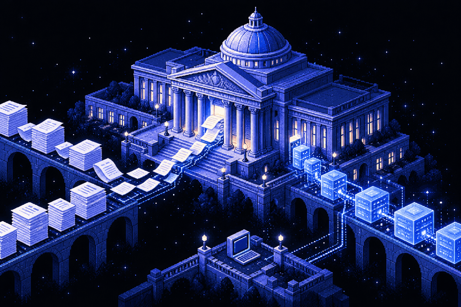 Pixel art archive building connected by streams of public documents